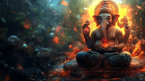 Divine elephant deity in fiery meditative forest glow.