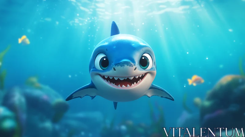 Smiling cartoon baby shark under sunlit shallow seawater
