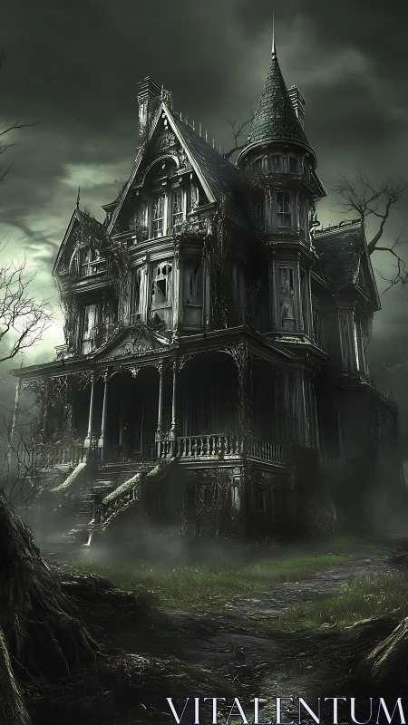 Moody Victorian haunted house wrapped in eerie twilight.