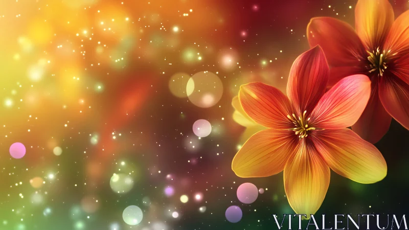Layered flowers rendered with bokeh lights and gradient background