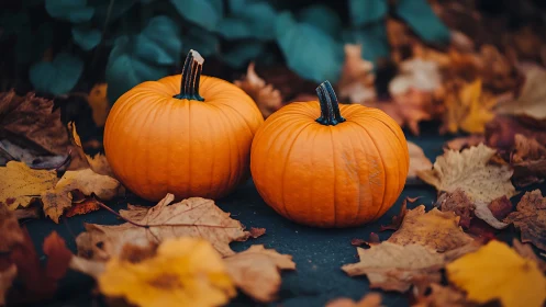 Dual mini pumpkins amid deciduous leaf litter in shallow focus.