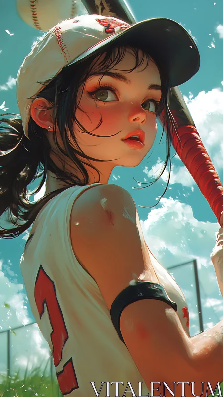 Baseball girl glances back under bright summer sky