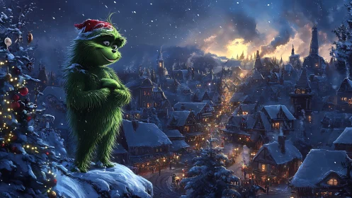 Grinch overlooks a glowing Christmas village at snowy dusk