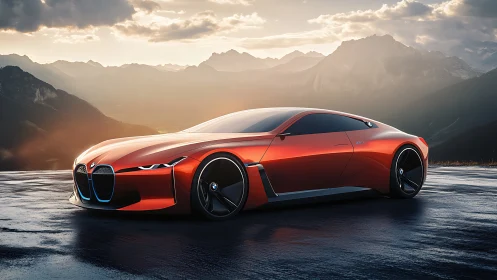 Futuristic red sports coupe reflects sunset across wet mountain road