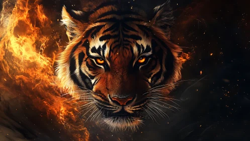Infernal tiger portrait with blazing orange ember eyes.