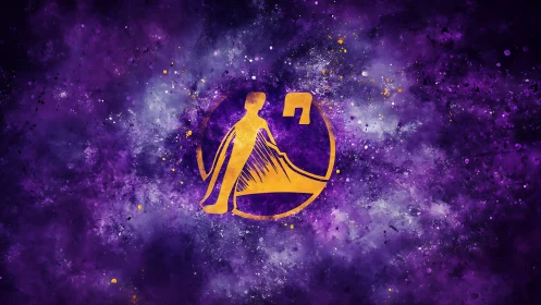 Golden abstract figure within nebula-like purple field.