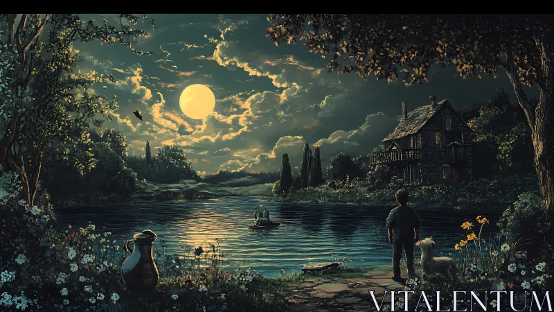 Boy and dog watch moonlit lake with distant rowboat calmly