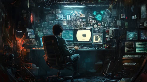 Solitary codebreaker in neon-lit cybernetic midnight bunker.