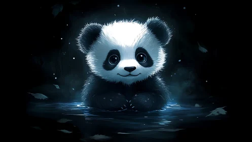 Bioluminescent baby panda illustration in reflective water pool