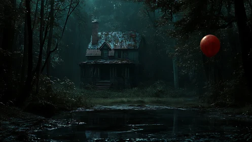 Lonely forest house and a watching red balloon at dusk.