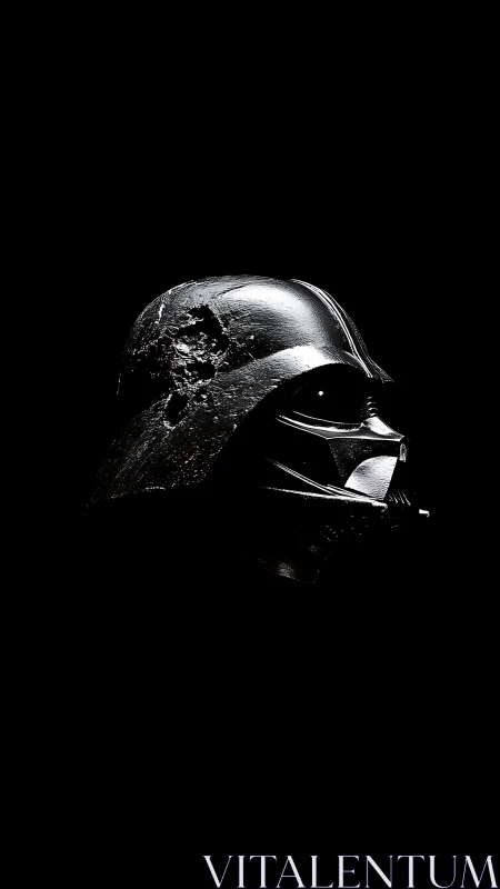 Battle-scarred black sci-fi helmet emerges from darkness.