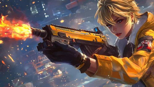 Armed blonde character firing rifle in urban night scene.