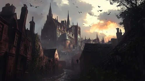 Gothic citadel dominating misty medieval alleyway at dusk.