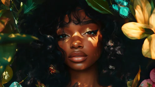 Digital portrait of woman framed by foliage and butterflies.