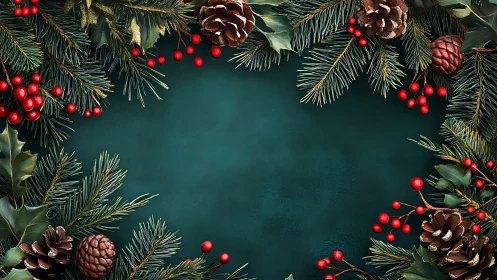 Christmas pine border with berries on dark green background.