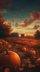 Golden sunset glows over tranquil autumn pumpkin fields.