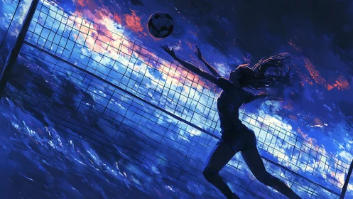Silhouetted volleyball player jumps to hit ball at dusk.