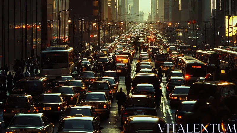 Rush hour traffic floods a glowing city avenue at dusk.
