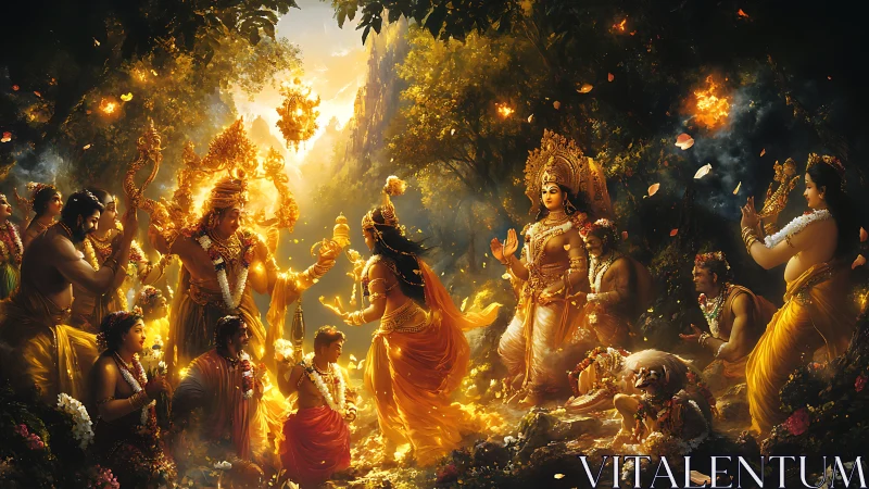 Divine forest procession ignites a golden celestial gathering.