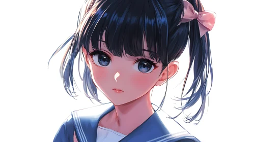 High key anime portrait of schoolgirl in navy seifuku uniform