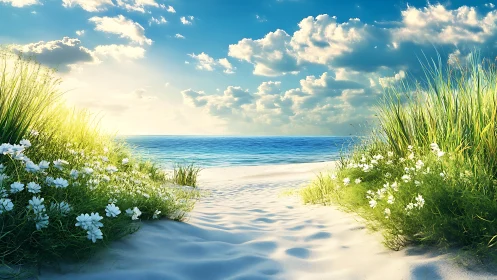 Sunlit coastal dunes with white wildflowers and calm sea.