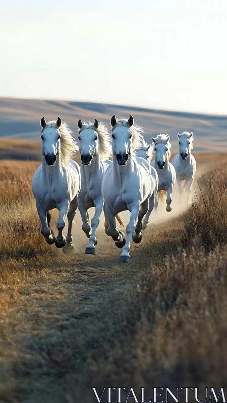 Galloping white horses in shallow-depth telephoto prairie capture