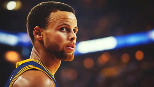 Basketball player viewed in profile under arena lighting