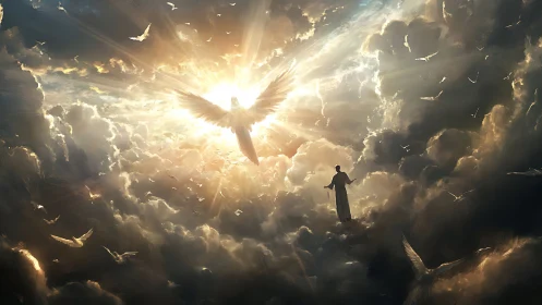 Radiant angelic sky welcoming a lone wanderer in light.