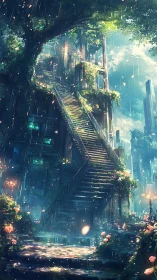 Overgrown skyward staircase in luminous rain garden.