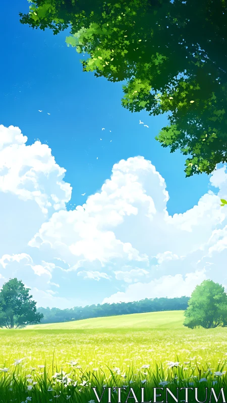 Sunlit meadow daydream under towering summer clouds.