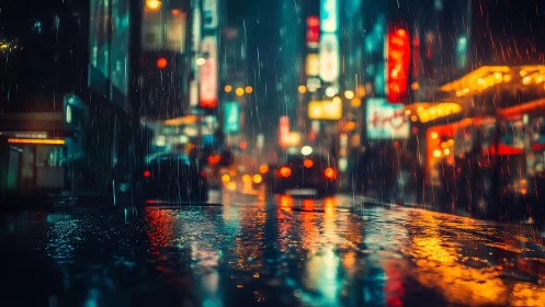 Neon city streets glowing softly in a soothing night rain.