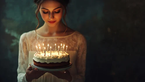 Woman holding illuminated birthday cake with lit candles.