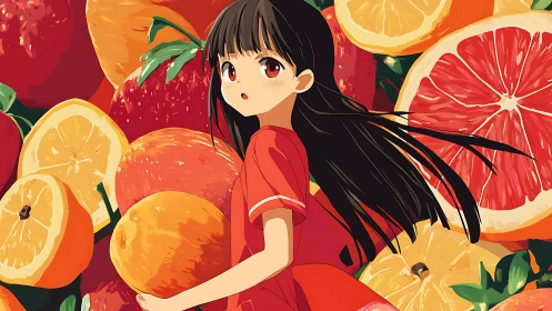 Anime girl in red contrasts with oversized citrus collage background