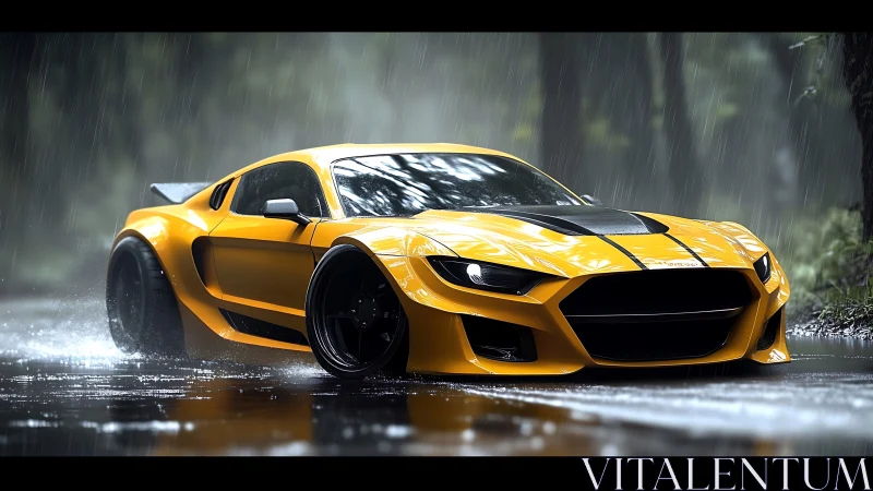 Yellow widebody supercar slices through rain-soaked forest road.