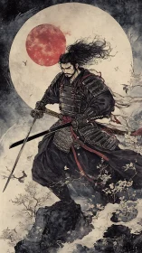 Storm-worn samurai strides beneath a blood-bright moon