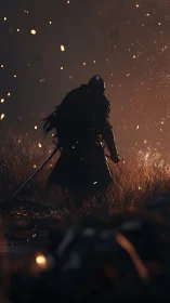 Lone dark knight advances through embers and twilight fields.