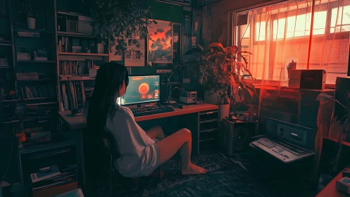 Girl in neon-lit bedroom studies a glowing digital planet