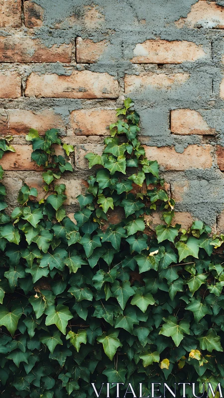Climbing ivy softens a weathered brick and mortar wall.