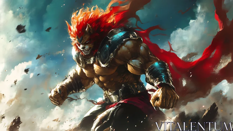 Sky-shattering lion warlord strides through stormfire skies.