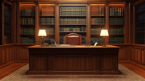 Symmetrical mahogany law office interior with archival stacks.