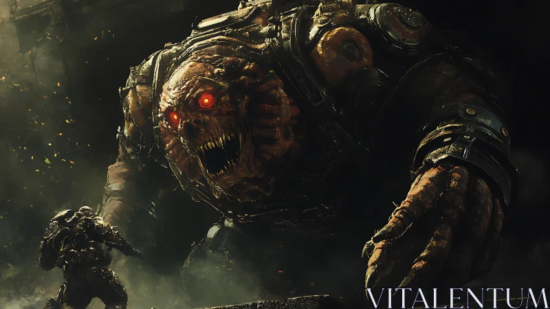 Colossal demon brute leans into a lone soldier’s doomed stand