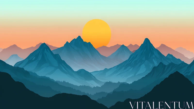 Digital gradient mountain range at sunrise, layered silhouette study.