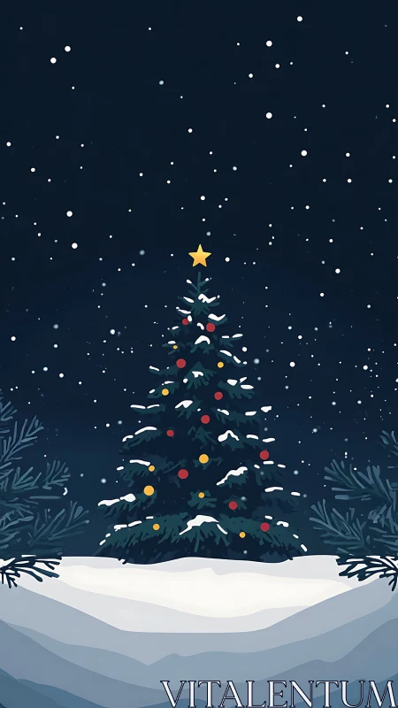 Snowy night Christmas tree with star and ornaments.