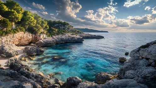 Coastal limestone cove with turquoise shallows at sunset.