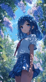 Spring blossoms drift around a quiet girl in soft sunlight