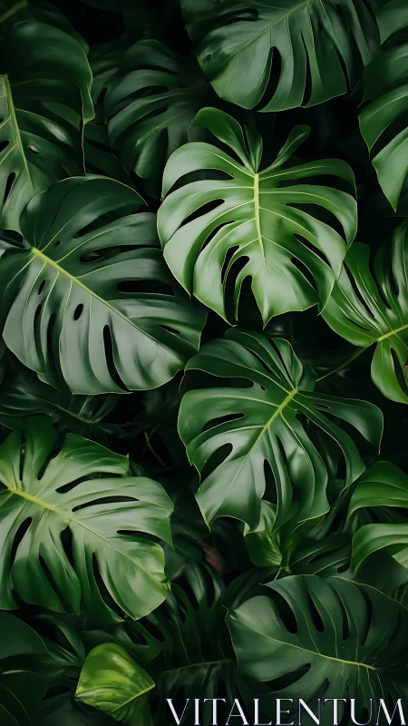 Monstera foliage pattern in dense green jungle cluster.