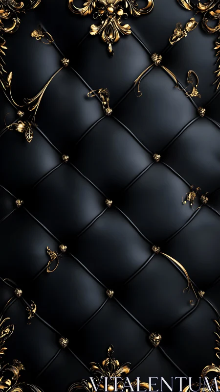 Black tufted leather wall with ornate baroque gold filigree