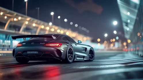 Matte black Mercedes AMG GT parked on wet night circuit.
