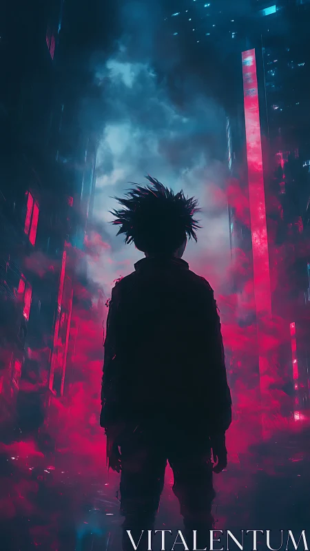 Lone dreamer walking through neon mist in a cyber city.