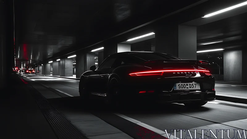Black Porsche 911 driving through dark urban tunnel at night.